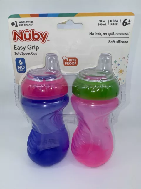 Nuby 2 Pack No Spill Easy Grip Soft Spout Cups 10 Ounce Purple And Pink 6+M