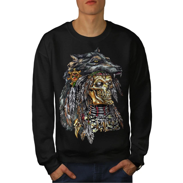 Wellcoda Wolf Metal Death Skull Mens Sweatshirt, Skull Casual Pullover Jumper