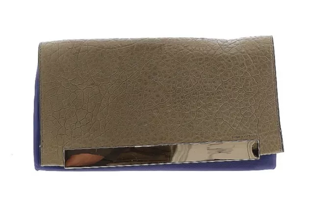 Pour La Victoire Womens Clutch Green and Purple Leather Brass Flap Closure