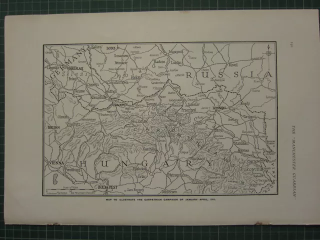 1915 Wwi Ww1 Print ~ The Carpathian Campaign January 1915 Map ~ Hungary Cracow