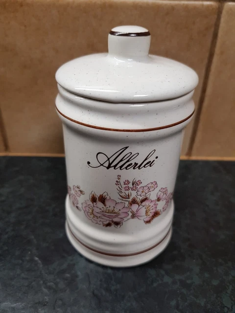 1 kleiner Allerlei Deko Gewürztopf Porzellan creme rosa braun Aufschrift+ Blüten