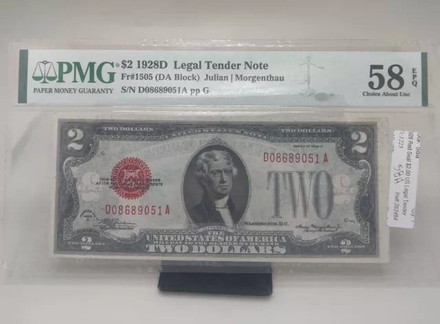 $2 1928D Legal Tender Note. DA Block. PMG 58 EPQ CHOICE AU