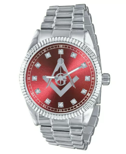 Masonic Watch - Freemason 40mm Watch - Masonic Compass Mason Watch - Silver Red
