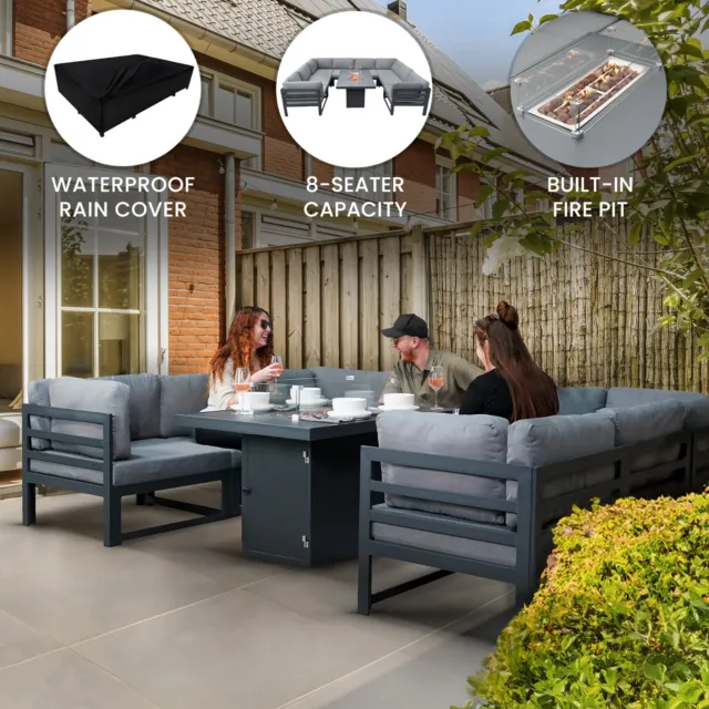 Modular Garden Furniture Grey 9 Piece Sofa Table & Fire Pit Outdoor Lounge Set
