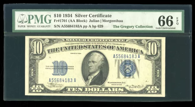 DBR 1934 $10 Silver Mule Gem Fr. 1701m PMG 66 EPQ Serial A55684183A
