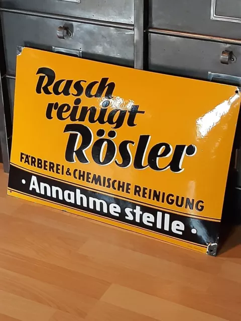 Antikes grosses Emailleschild, Rösler Reinigung, Loft, ca. 1930iger, Emaille