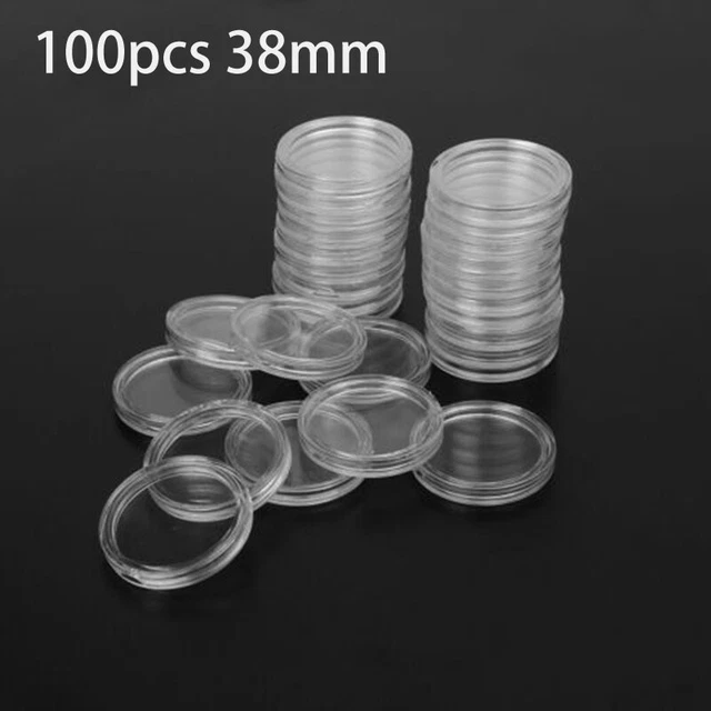 100Pcs 38mm Clear Round Plastic Coin-Holder Capsule Container Storage Case Box