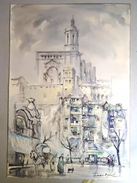 Jaume ROCA DELPECH (1910-1968) LARGE WATERCOLOR DRAWING GIRONA CATALUNYA SPAIN