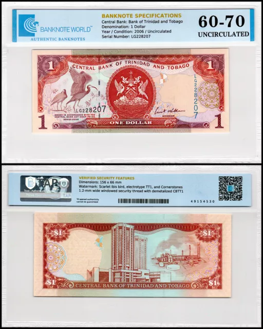 Trinidad & Tobago 1 Dollar, 2006, P-46, UNC, Authenticated Banknote