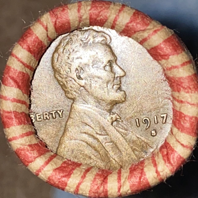 1 US Lincoln Wheat Cent Penny Roll 1917-S/1909 VDB AU/UNC (50 Coins) Old Vintage