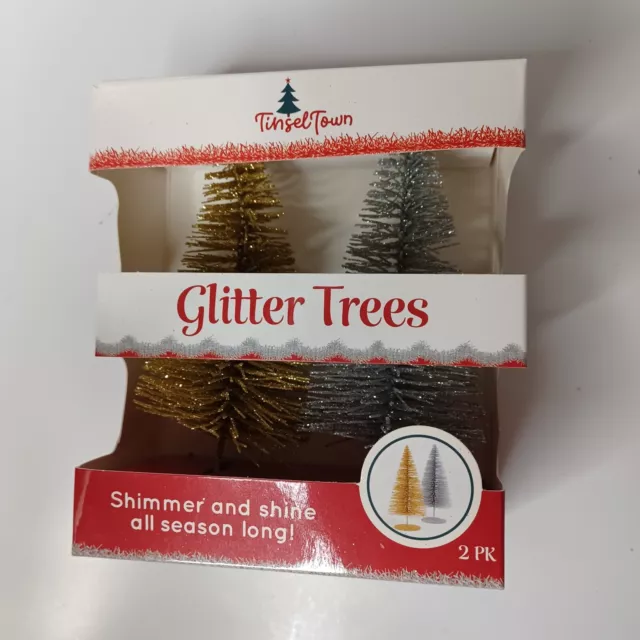 Tinsel Town 5" Gold & Silver Glitter Tree Set Christmas Village Crafts Decor