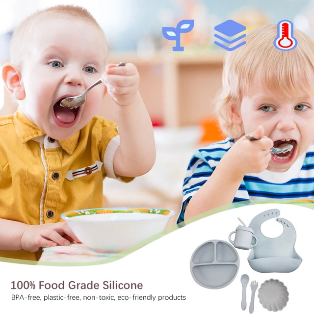 Juego de 6 vajilla de alimentación de silicona para bebés con BPA (gris claro)