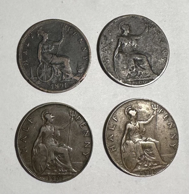 4 Great Britain 1/2 Penny 1891 1900 1907 1912