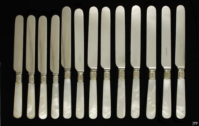 13 Antique c1900 English Mother of Pearl Shell Silver Plate Knives ~7 1/2"
