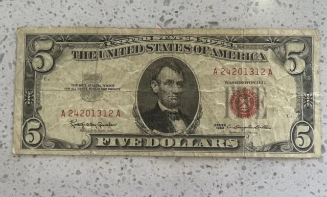 1963 $5 five dollar note, red seal, wide circulated