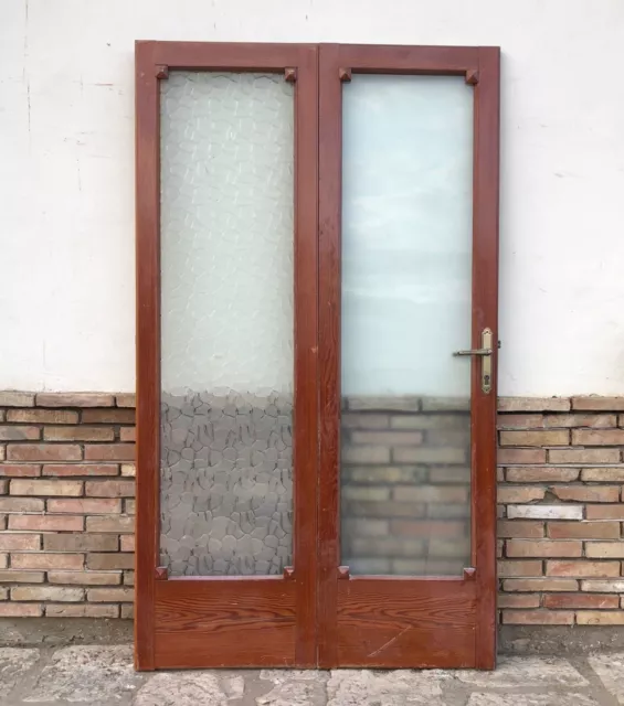 Antica elegante porta interna vetrata in legno massello a due ante