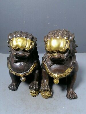 Collect Chinese Feng shui Decor Copper Gilt Foo Fu Dog guardian Lion Statue Pair