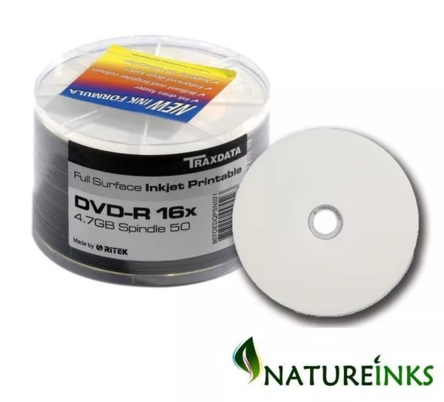 50 Traxdata Full Face White Printable Blank DVD-R 16x DVD Discs 4.7GB 120 RITEK