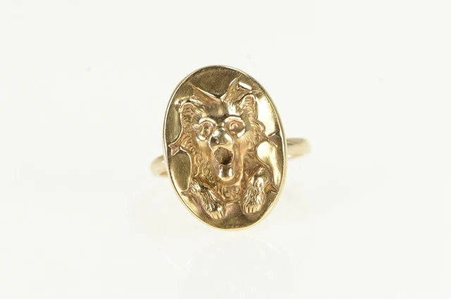 10K Victorian Repousse Wolf Roaring Lion Animal Ring Yellow Gold *16