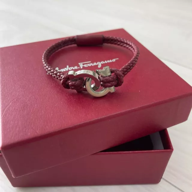 Salvatore Ferragamo Gancini bracelet red silver color leather metal w/Box JAPAN