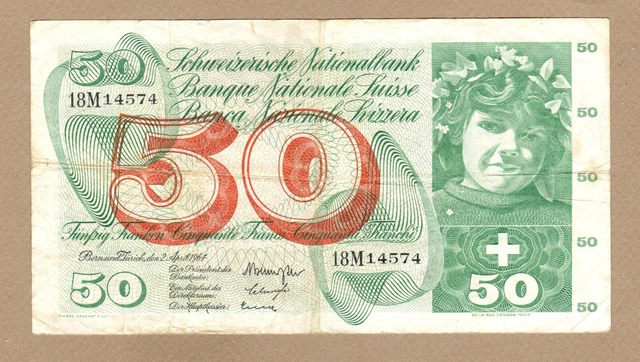 SWITZERLAND: 50 Franken Banknote,(F/VF),P-48d, 02.04.1964,No Reserve!