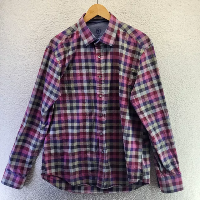 Bugatchi Uomo Shaped Fit Button Up Shirt Men Pink Plaid XL Extra Large Flip Cuff