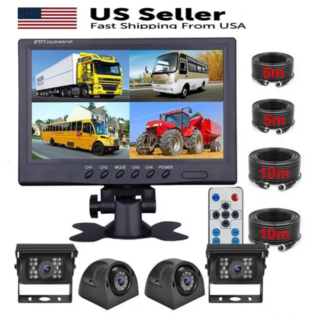 9" Quad 4 Split Monitor Front Rear View Backup Camera Kit For Bus Truck Trailers