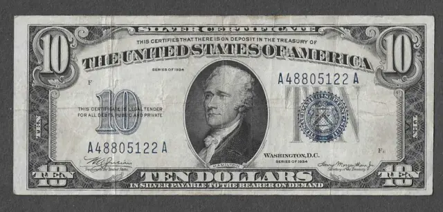 FR. 1701 Ten Dollars ($10) Series of 1934 Blue Seal Silver Certificate