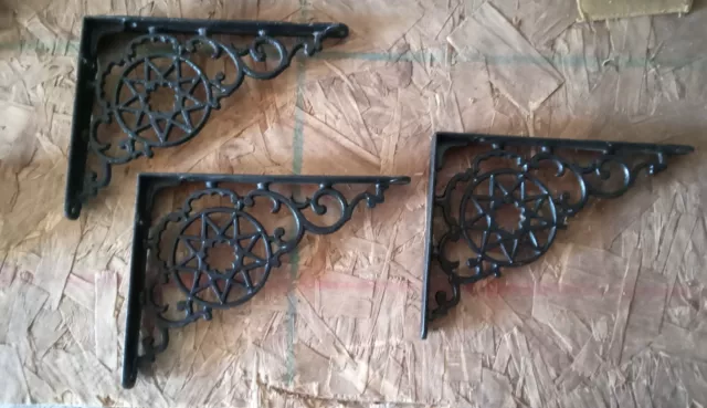 Pair Set 3 Antique CAST IRON Wall Shelf BRACKETS Ornate Victorian 9 Point Stars
