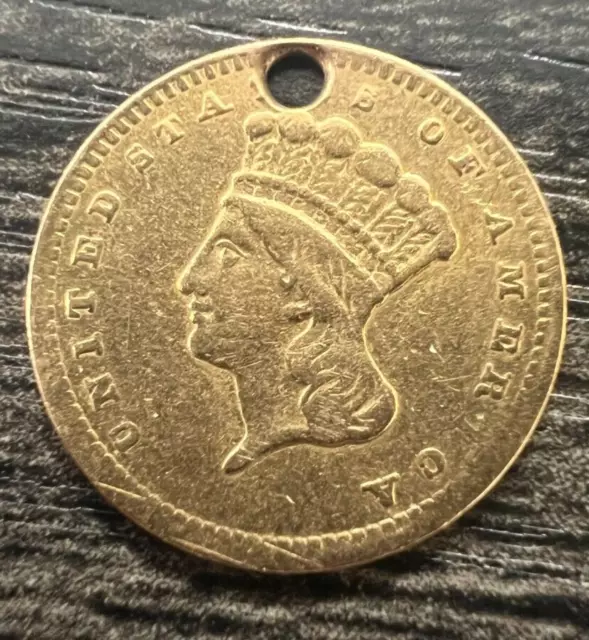1856 Gold Dollar $1 Indian Head Princess - Type 3 - Slanted 5 *Holed*