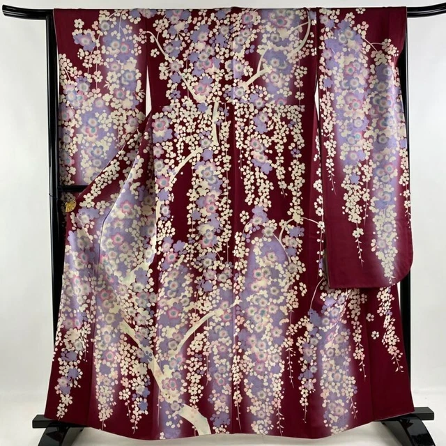 Japanese Kimono Furisode Pure Silk Shidare Cherry Silver Thread Purplish Red