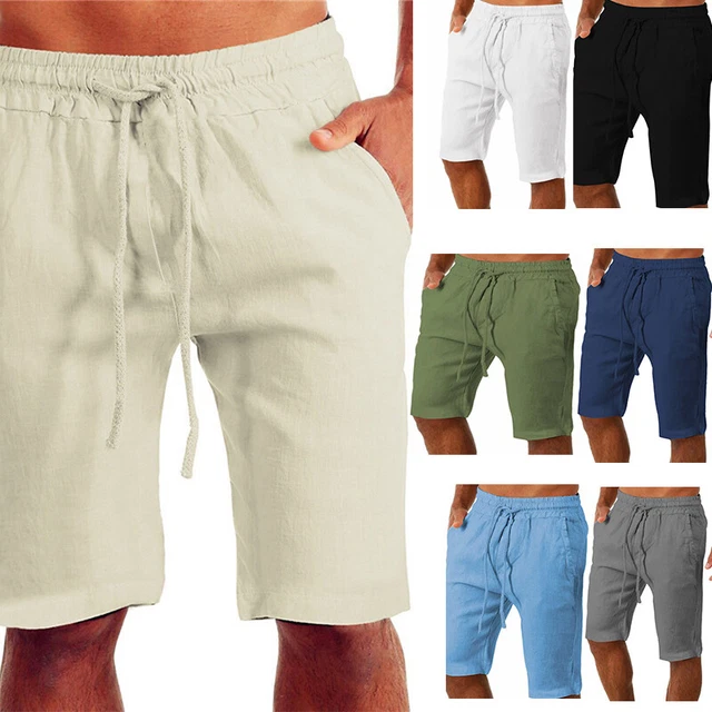 Mens Shorts Cotton Linen Elastic Waist Loose Casual Sport Jogger Half Pant Beach
