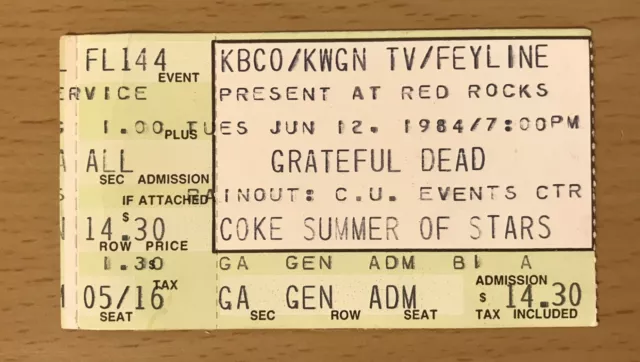 1984 The Grateful Dead Red Rocks Denver 6/12 Concert Ticket Stub Jerry Garcia
