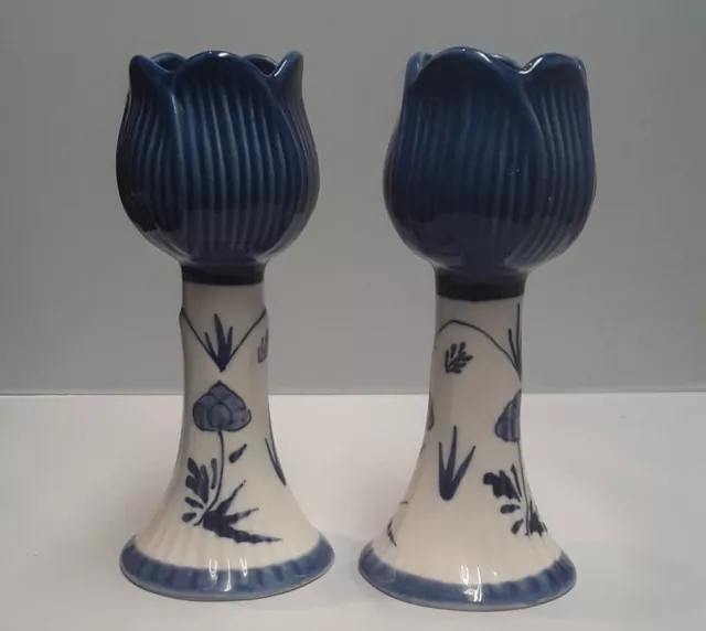 Delft Blue Signed Handpainted Tulip Candlestick White With Blue Floral 041157