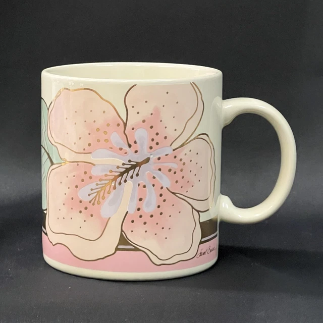 VINTAGE Laurel Burch WILD HIBISCUS Pastel Colors Gold Accent Mug 4"
