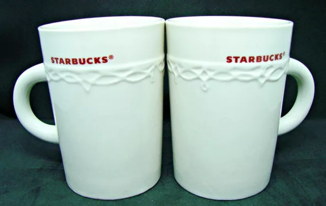 Set of Starbucks 2010 Embossed Lace 10 oz Coffee Tea Mugs Cups White Red Set 2