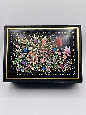 Russian Black Lacquer Wood Box Hand Painted Vintage Old Russian Florals 1970s
