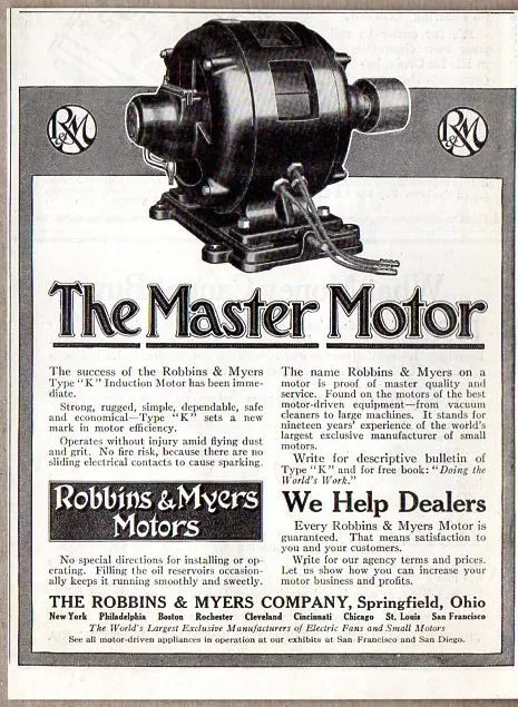 1915 Print Ad The Master Motor Robbins & Myers Motors Springfield,OH