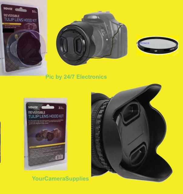 REVERSIBLE TULIP FLOWER HOOD+UV FILTER+LENS CAP+CAP HOLDER  55mm 55mm BOWER