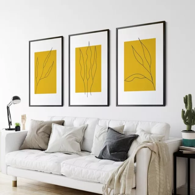 Set of 3 Mustard Yellow & White Botanical Wall Art, Home Decor