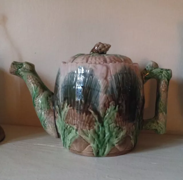 Antique Majolica Estruscan Shell & Seaweed Teapot Crooked Spout,Victorian Beauty