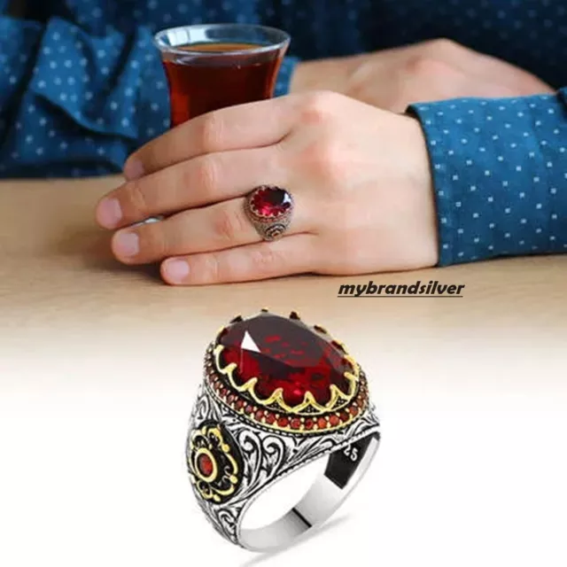 Solid 925 Sterling Silver Turkish Handmade Jewelry Ruby Stone Men's Ring
