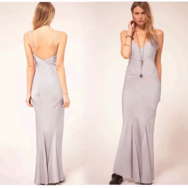 Asos Petite Bodycon Maxi Slip Dress Size XS Silver-Gray Sheen Satin Fishtail Hem