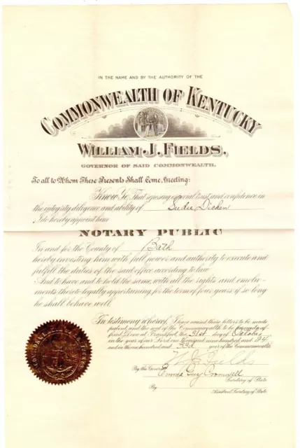 William J Fields, KY Governor 1923-27, U S Congressman: 1924 signed commission