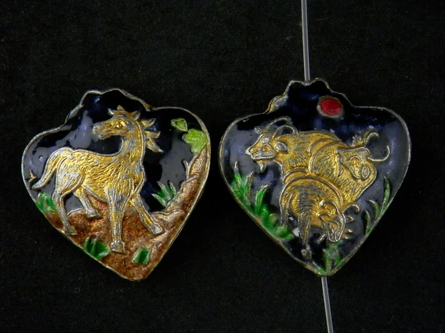 2Pics Fine Chinese Brass Inlay Cloisonne *3Sheep & Horse* 2Faces Pendants PP019
