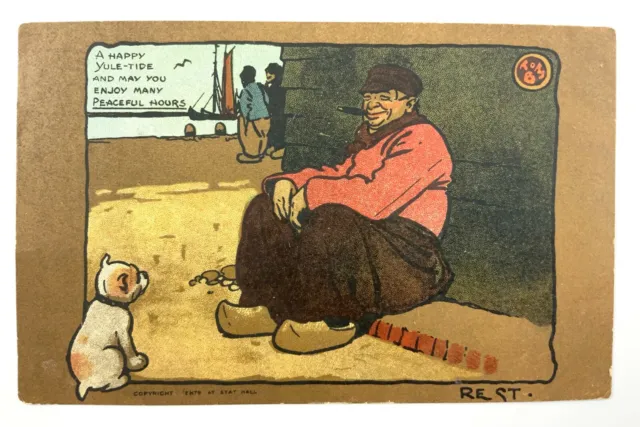 1904 Comic Post Card Tom Browne Dutch Sailor With Dog Yuletide Greetings UK 068C