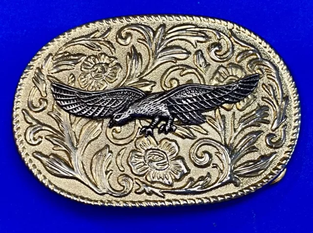 Vintage two tone Western Eagle Flying High on flower swirl ornate belt buckle