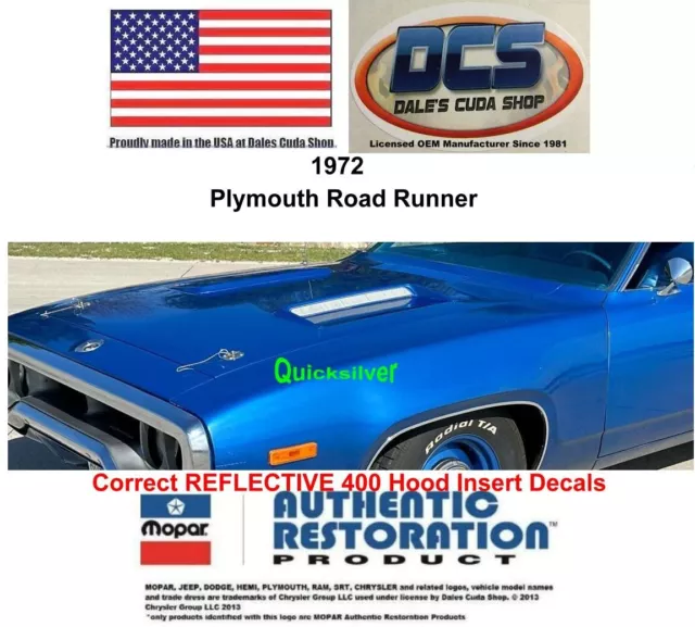 1972 Plymouth Road Runner Correct Reflective 400 Hood Decals 3685314 New MoPar