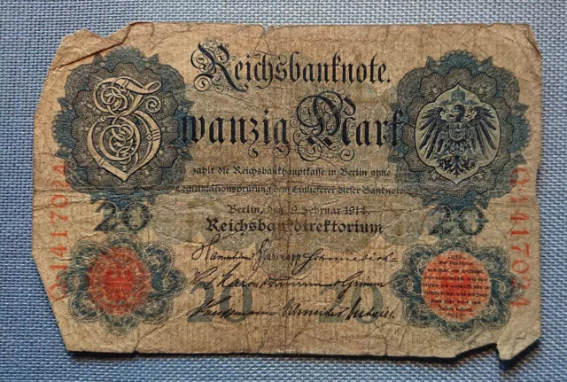 Old German Banknote Twenty Mark Berlin 19. Februar 1914