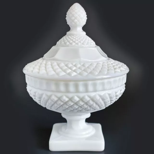 Westmoreland White Milk Glass Diamond Cut Compote Candy Bowl with Lid